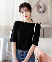 DHOLIC | スカラップボートネックショートスリーブTシャツ(Tシャツ/カットソー)