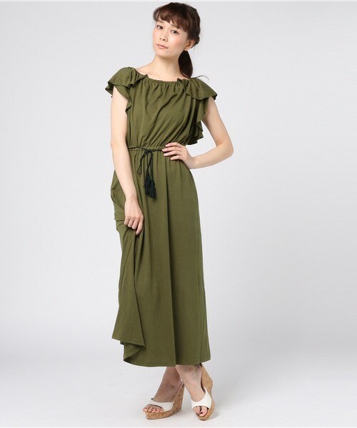 actuel（アクチュエル）の「フリル袖カットソーミディワンピース（ワンピース・レディース・ブラック/モカ/カーキ・FREE）」の3枚目の写真