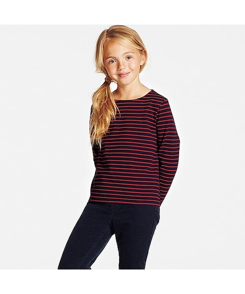 UNIQLO（ユニクロ）の「GIRLS ボーダーボートネックT（長袖）（Tシャツ/カットソー・キッズ・GRAY 03/NAVY 69/BLACK 09/OFF WHITE 01・160/100）」の4枚目の写真