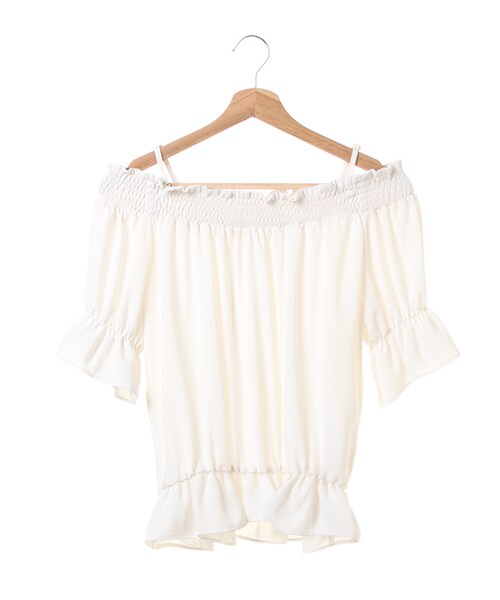 INGNI（イング）の「キャンディー袖オフショル5分袖／TOPS（トップス・レディース・ｵﾌﾎﾜｲﾄ/ﾏｽﾀｰﾄﾞ/ﾐﾝﾄｸﾞﾘｰﾝ/ﾌﾞﾙｰ/ｽﾄﾗｲﾌﾟ/ﾗﾍﾞﾝﾀﾞｰ/ﾋﾟﾝｸ/ｵﾌｸﾛ/ｽﾄﾗｲﾌﾟ・M）」の9枚目の写真