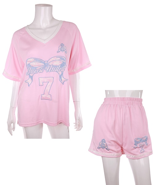 Bobon21（ボボンニジュウイチ）の「スポーツMIXナンバーリング刺繍Tシャツ&ショーパンSET（ワンピース・レディース・レッド/ピンク/ブルー・S/M/L）」の3枚目の写真