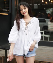 DHOLIC | レースアップフリルVネックギャザーブラウス(シャツ/ブラウス)