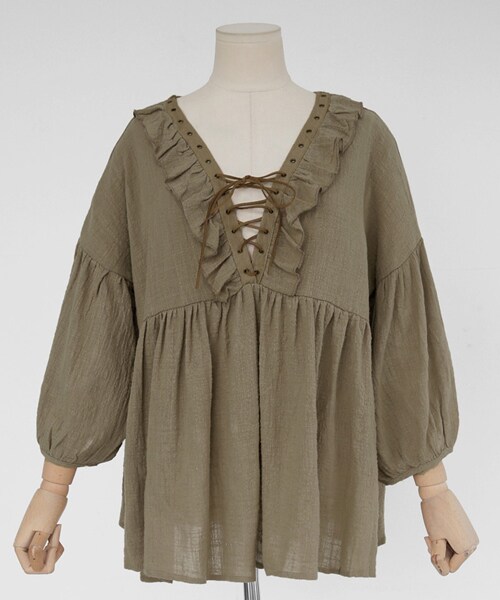 DHOLIC（ディーホリック）の「レースアップフリルVネックギャザーブラウス（シャツ/ブラウス・レディース・FREE）」の2枚目の写真