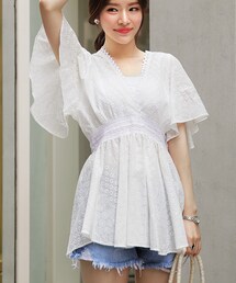 DHOLIC | Vネック刺繍レースフレアブラウス(シャツ/ブラウス)