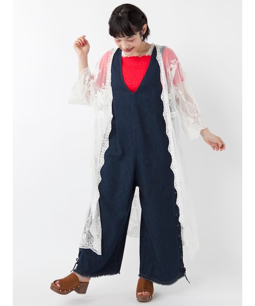 w closet（ダブルクローゼット）の「レースアップデニムオールインワン（オールインワン・サロペット・レディース・ブルー/ネイビー・FREE）」の4枚目の写真