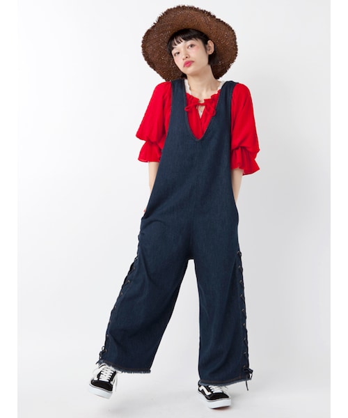 w closet（ダブルクローゼット）の「レースアップデニムオールインワン（オールインワン・サロペット・レディース・ブルー/ネイビー・FREE）」の3枚目の写真