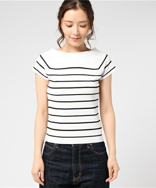 Cheek(チーク)の「2Wayミラノリブフレンチスリーブニット(Tシャツ/カットソー・レディース・ホワイト×ブラック/モカ/ネイビー/ピンク・MEDIUM)」の5枚目の写真