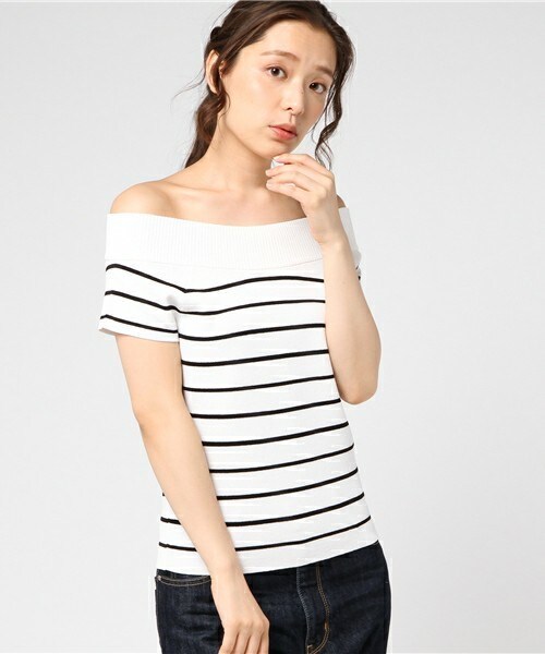 Cheek(チーク)の「2Wayミラノリブフレンチスリーブニット(Tシャツ/カットソー・レディース・ホワイト×ブラック/モカ/ネイビー/ピンク・MEDIUM)」の2枚目の写真