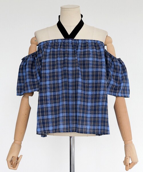 DHOLIC（ディーホリック）の「ネックストラップオフショルダ―チェックブラウス（シャツ/ブラウス・レディース・FREE）」の2枚目の写真