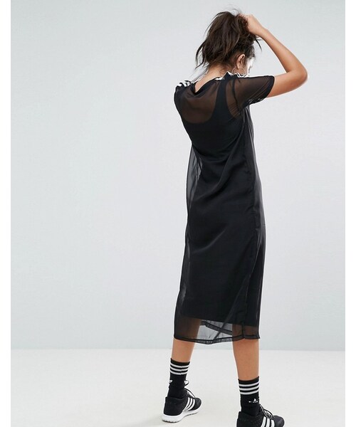 adidas（アディダス）の「Adidas adidas Originals Black Midi Dress With Sheer Mesh Overlay（ワンピース・レディース・Black・US 10/US 6/US 2/US 4/US 8/US 12）」の4枚目の写真