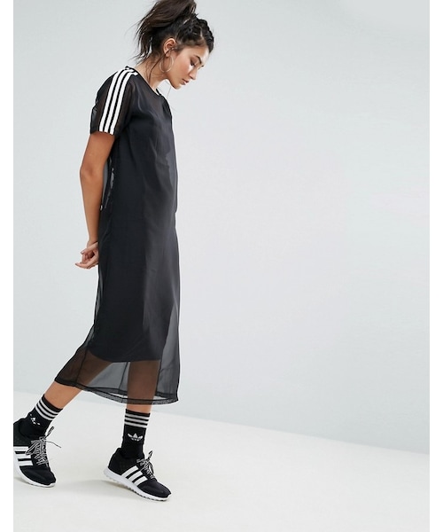 adidas（アディダス）の「Adidas adidas Originals Black Midi Dress With Sheer Mesh Overlay（ワンピース・レディース・Black・US 10/US 6/US 2/US 4/US 8/US 12）」の3枚目の写真