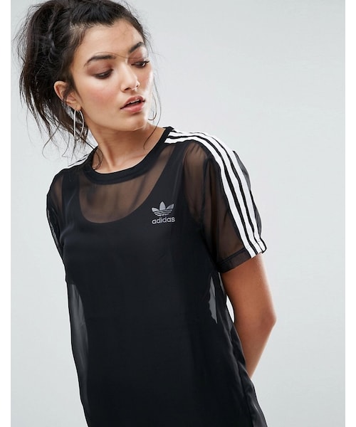 adidas（アディダス）の「Adidas adidas Originals Black Midi Dress With Sheer Mesh Overlay（ワンピース・レディース・Black・US 10/US 6/US 2/US 4/US 8/US 12）」の2枚目の写真