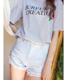 KORMARCH | レース飾りデニムショットパンツ(デニムパンツ)