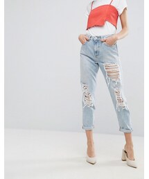 asos | ASOS ORIGINAL MOM Jeans in Missouri Light Stonewash with Rips and Busts(デニムパンツ)