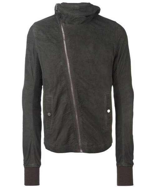 リックオウエンス・グレー レザー フード付き シングルライダースジャケット 訳有 リックオウエンス・グレー レザー フード付き シングルライダース