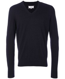 Maison Margiela | Maison Margiela - エルボーパッチ Vネックセーター - men - コットン/カーフレザー/ウール - L(ニット/セーター)