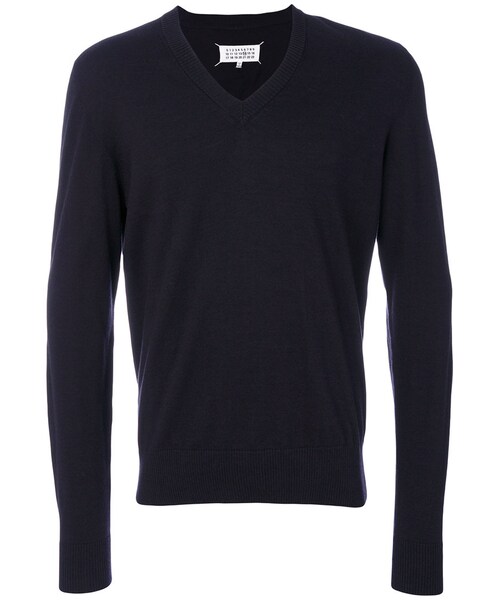 Maison Margiela(メゾンマルジェラ)の「Maison Margiela - エルボーパッチ Vネックセーター - men - コットン/カーフレザー/ウール - L(ニット/セーター・メンズ・ブルー・L)」の1枚目の写真