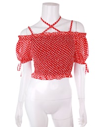 Bobon21 | ドット柄シャーリングオフショルトップス(Tシャツ/カットソー)