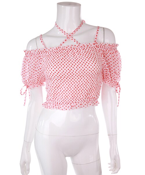 Bobon21（ボボンニジュウイチ）の「ドット柄シャーリングオフショルトップス（Tシャツ/カットソー・レディース・赤/白・S/M/L）」の2枚目の写真