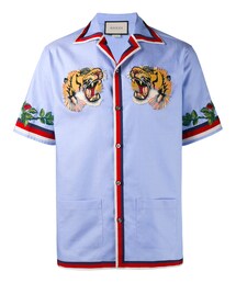 GUCCI ボーリング　シャツ モノグラム Printed silk twill bowling shirt in blue | GUCCI® US