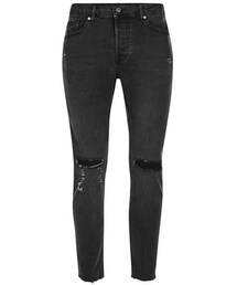 TOPMAN | Black Ripped Raw Hem Cropped Stretch Skinny Jeans(デニムパンツ)