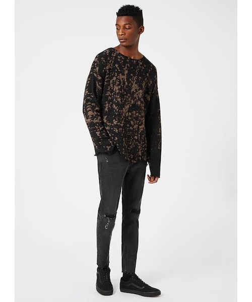 TOPMAN（トップマン）の「Black Ripped Raw Hem Cropped Stretch Skinny Jeans（デニムパンツ・メンズ・Black・28S/34S/28R/30R/32R/34R/38R/32L/34L/36L）」の4枚目の写真