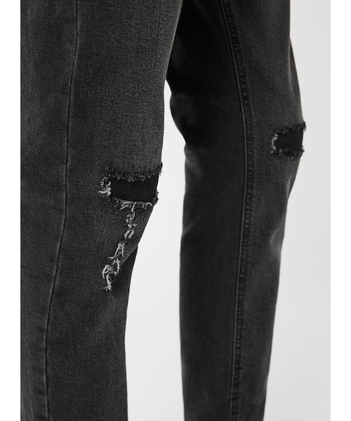 TOPMAN（トップマン）の「Black Ripped Raw Hem Cropped Stretch Skinny Jeans（デニムパンツ・メンズ・Black・28S/34S/28R/30R/32R/34R/38R/32L/34L/36L）」の3枚目の写真