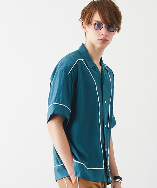 KIIT（キート）の「【6/17入荷予定】オープンカラーパイピングSH（その他・メンズ・BLK/GRN・1/2）」の2枚目の写真