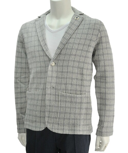 LARDINI　グレー＆ホワイト ジャガード織りチェック柄 サマーニットジャケット