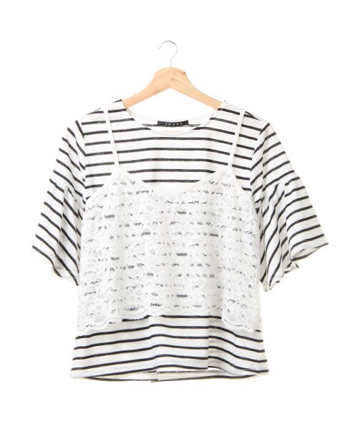 INGNI(イング)の「レースキャミ+フレア袖Tシャツ/SET(トップス・レディース・オフホワイト/ボーダー/クロ/ローズピンク/マスタード・M)」の9枚目の写真