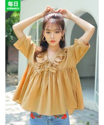 KORMARCH | レースアップフリルVネックギャザーブラウス(シャツ/ブラウス)