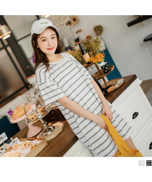 Obdesign オレンジベアー の 0613新品 單肩帶斜肩拼接橫條紋綴立體海軍風印花休閒洋裝 2色 ワンピース ドレス Wear