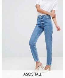 asos | ASOS TALL FLORENCE Authentic Straight Leg Jeans in Mid Wash Blue with Stepped Waistband and Raw Hem(デニムパンツ)