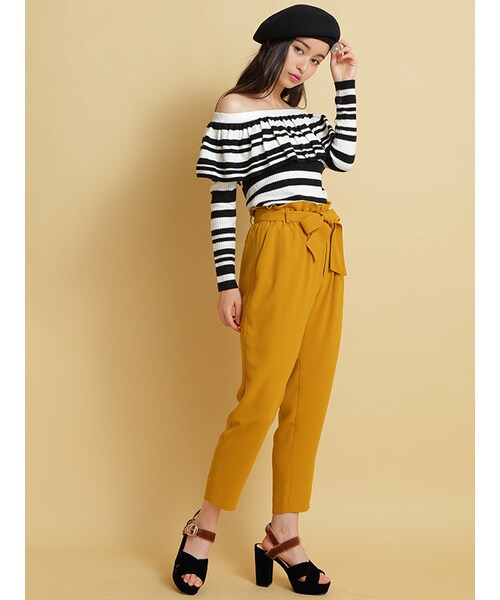 31 Sons de mode（トランテアン　ソン　ドゥ　モード）の「ウエストリボンテーパードパンツ（パンツ・レディース・モデル身長:163cm/マスタードイエロー/ピンク/ブラック・36/38）」の6枚目の写真