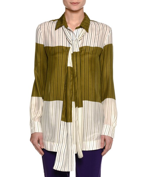 Piazza Sempione（ピアッツァ センピオーネ）の「Piazza Sempione Striped Colorblock Silk Tie-Neck Shirt（シャツ/ブラウス・レディース・Green・48 IT (12 US)/44 IT (8 US)/40 IT (4 US)/46 IT (10 US)/42 IT (6 US)）」の2枚目の写真
