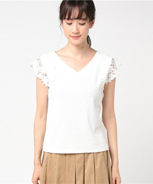 archives（アルシーヴ）の「袖レースＴシャツ（Tシャツ/カットソー・レディース・オフホワイト/ブラック/ブルー・MEDIUM）」の4枚目の写真