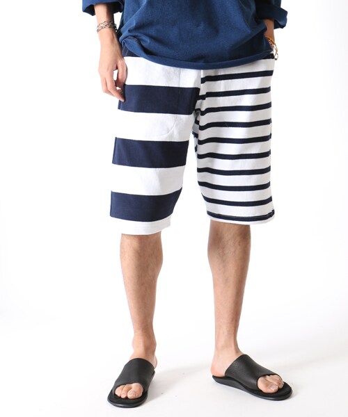 BARBARRIAN ボーダーハーフパンツ　スウェット　Mメンズ 白系 メンズボーダー柄スウェットハーフパンツ 短パン ショートパンツ