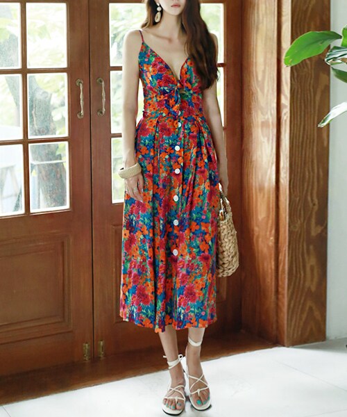 DINT（ディント）の「ブケトフラワー捺染ツーピース（シャツワンピース・レディース・Orange mix/Green mix・one(44~66size)）」の3枚目の写真