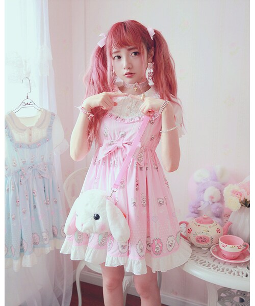 Bobon21（ボボンニジュウイチ）の「SweetBunny&Catパフスリワンピース（ワンピース・レディース・ブルー/ピンク・S/M/L）」の2枚目の写真