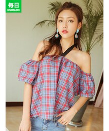 KORMARCH | ホルターネックチェックオフショルダーブラウス(シャツ/ブラウス)