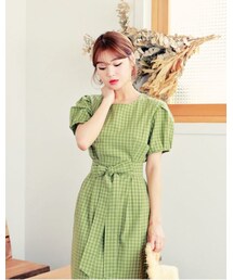 HOTPING | ストラップSETパフスリーブチェックワンピース(ワンピース)