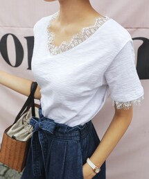 DHOLIC | VネックレーストリミングTシャツ(Tシャツ/カットソー)