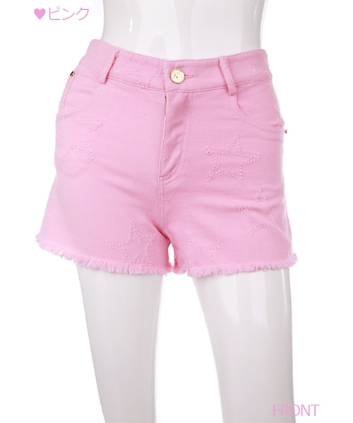 Bobon21（ボボンニジュウイチ）の「星柄フリンジデニムショーパン（デニムパンツ・レディース・ブルー/ピンク/ホワイト・S/M/L）」の3枚目の写真