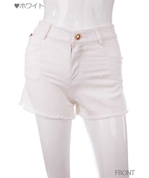 Bobon21（ボボンニジュウイチ）の「星柄フリンジデニムショーパン（デニムパンツ・レディース・ブルー/ピンク/ホワイト・S/M/L）」の2枚目の写真