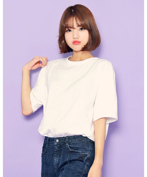 HOTPING(ホッピン)の「ラウンドネックコットンTシャツ(Tシャツ/カットソー・レディース・ホワイト/ブラック/ベージュ/デニム/グレー/ピンク/カーキ・フリーサイズ)」の1枚目の写真