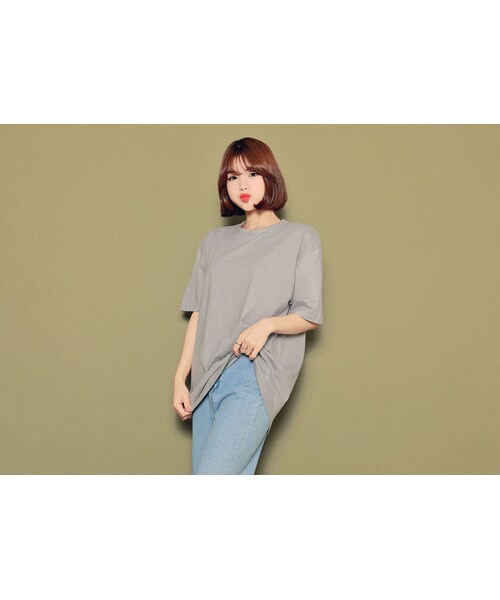 HOTPING(ホッピン)の「ラウンドネックコットンTシャツ(Tシャツ/カットソー・レディース・ホワイト/ブラック/ベージュ/デニム/グレー/ピンク/カーキ・フリーサイズ)」の5枚目の写真