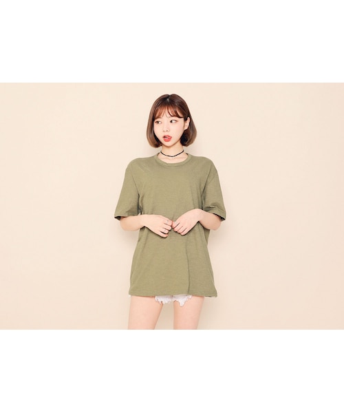 HOTPING(ホッピン)の「ラウンドネックコットンTシャツ(Tシャツ/カットソー・レディース・ホワイト/ブラック/ベージュ/デニム/グレー/ピンク/カーキ・フリーサイズ)」の7枚目の写真