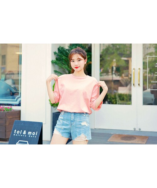 HOTPING(ホッピン)の「ラウンドネックコットンTシャツ(Tシャツ/カットソー・レディース・ホワイト/ブラック/ベージュ/デニム/グレー/ピンク/カーキ・フリーサイズ)」の6枚目の写真