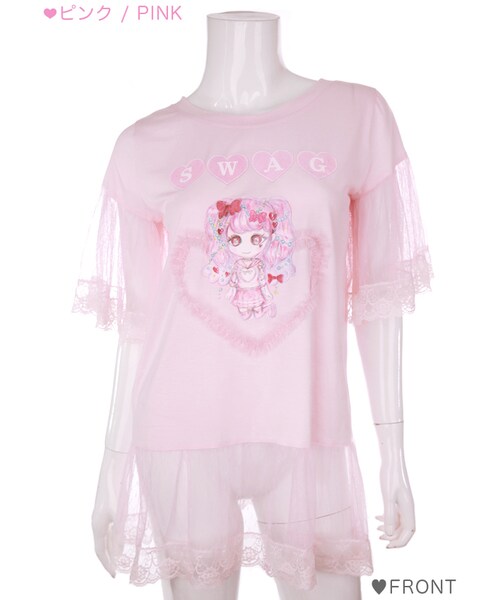 Bobon21（ボボンニジュウイチ）の「RimoイラストSWAGトップス-全２色-（Tシャツ/カットソー・レディース・黒/ピンク・S/M/L）」の2枚目の写真