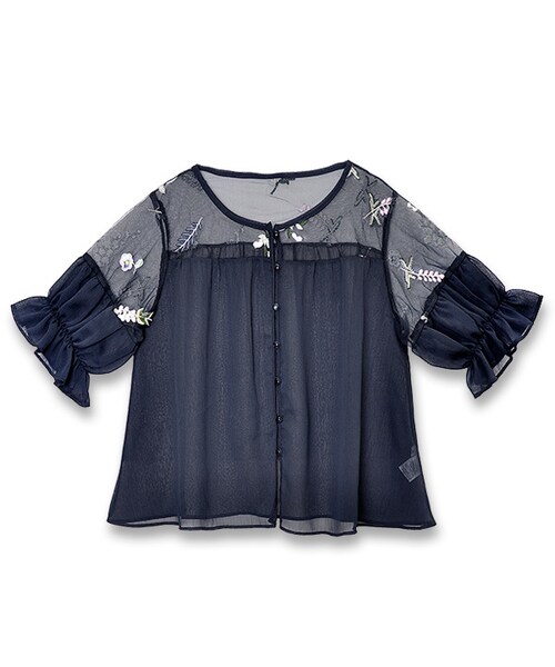 flower（フラワー）の「puff sleeve EMB top～ﾊﾟﾌｽﾘｰﾌﾞｴﾝﾌﾞﾛｲﾀﾞﾘｰﾄｯﾌﾟ（シャツ/ブラウス・レディース・beige/navy・FREE）」の2枚目の写真